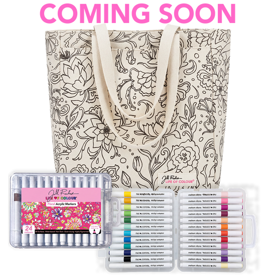 DIY Tote bag Bundel - Inkleur Luxe Tote bag Dreamy Flowers & 24 stuks Acrylstiften