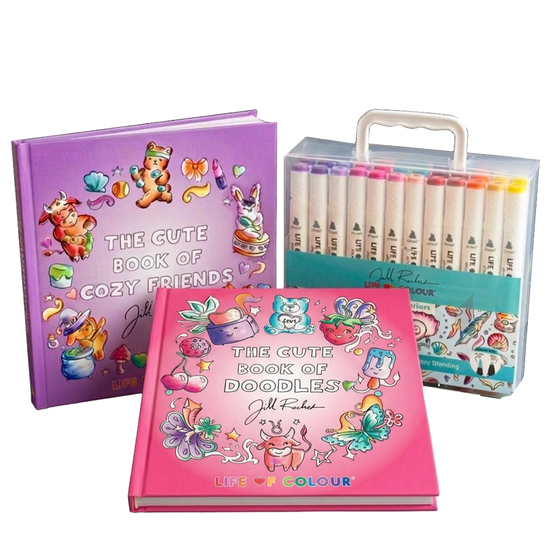 Cozy Kleurboek Bundel - The Cute Book of Doodles & The Cute Book of Cozy Friends & Alcoholmarkers 24 stuks