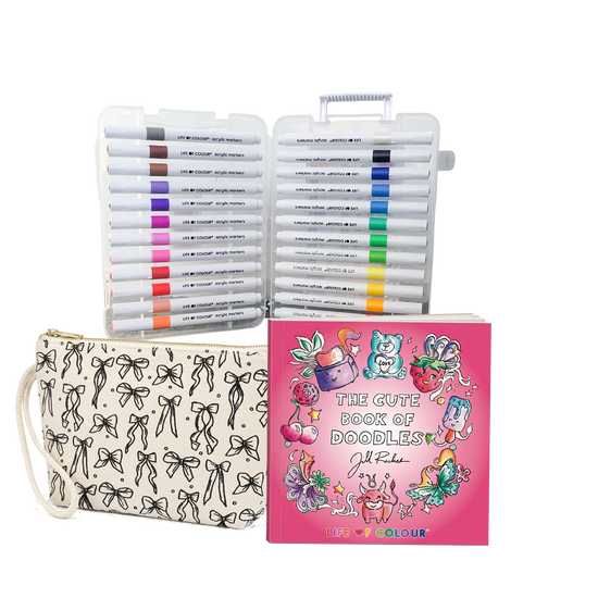 DIY Kleur Bundel - The Cute Book of Doodles & DIY inkleur Beauty Bag Strikjes & Acrylstiften 24 stuks